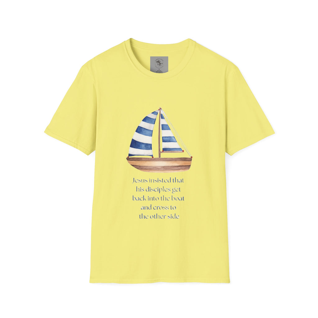 Sailboat Watercolor T-Shirt — Blue Striped Sail Graphic with Nautical Quote