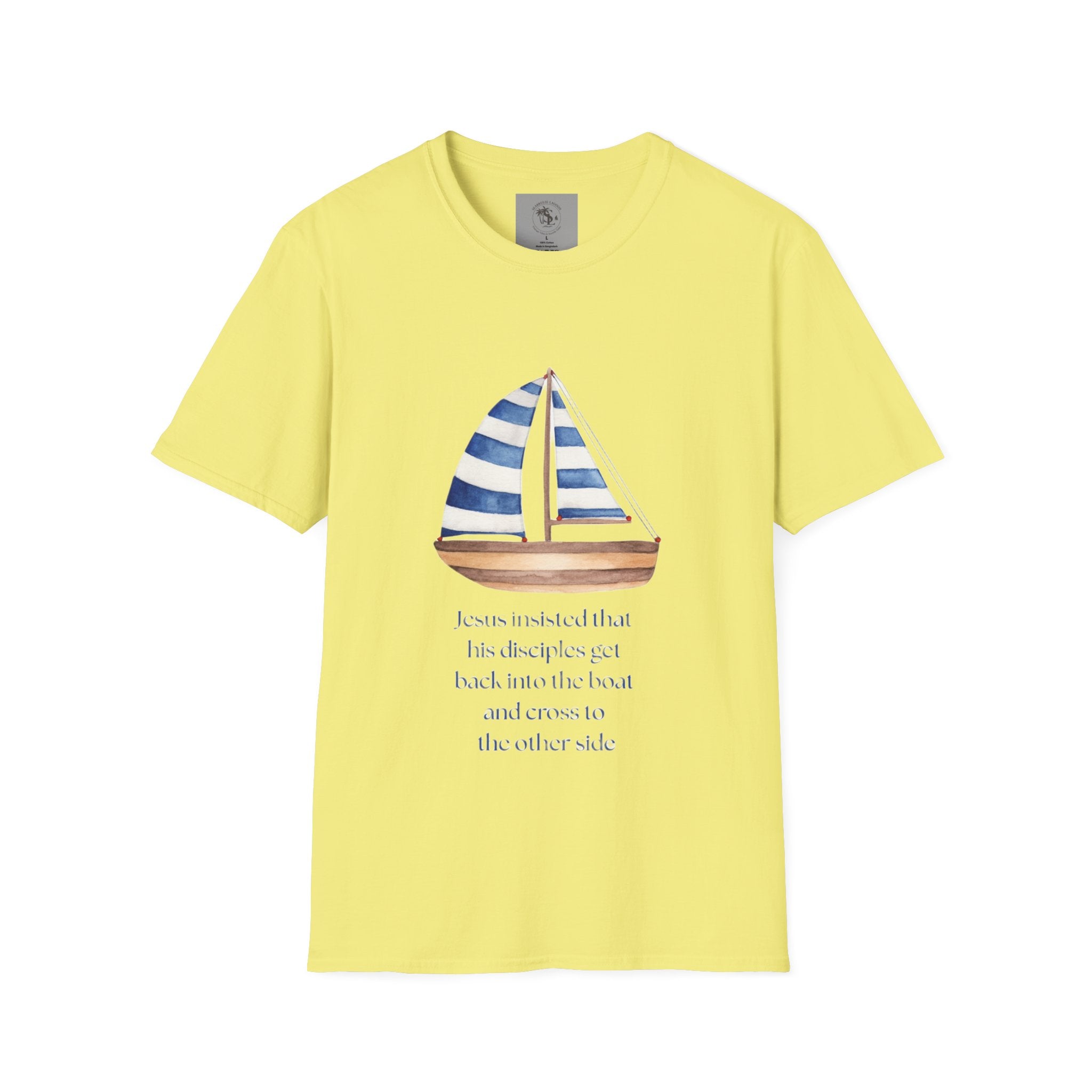 Sailboat Watercolor T-Shirt — Blue Striped Sail Graphic with Nautical Quote