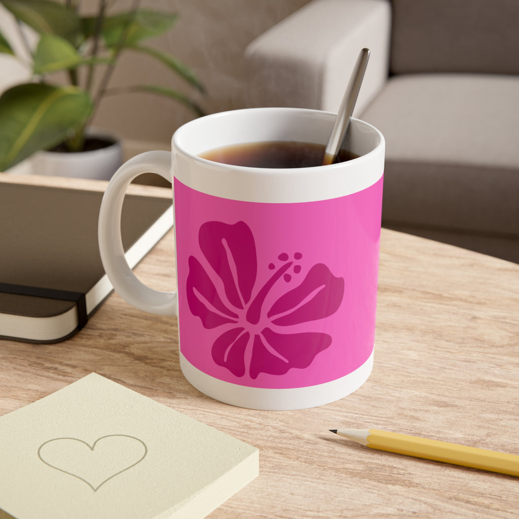 Hibiscus Pink Ceramic Mug — Happy Aloha Coffee Cup, Tropical Floral 11oz