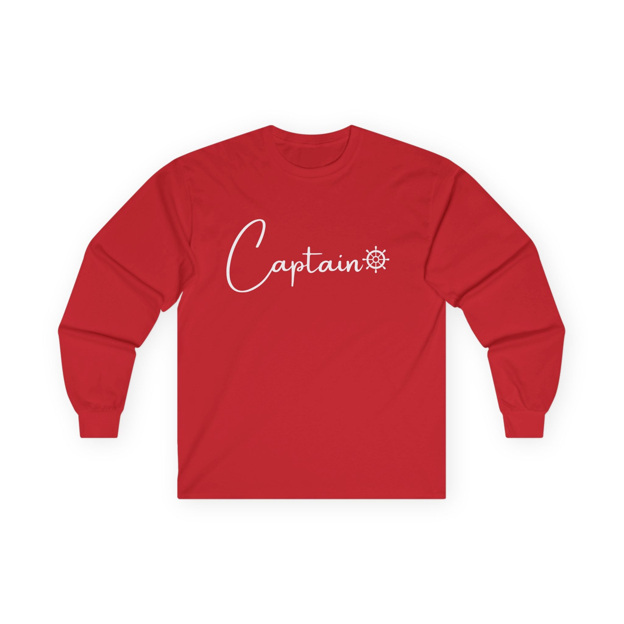 Captain Long Sleeve Tee — Nautical Crew Shirt with Ship Wheel Script