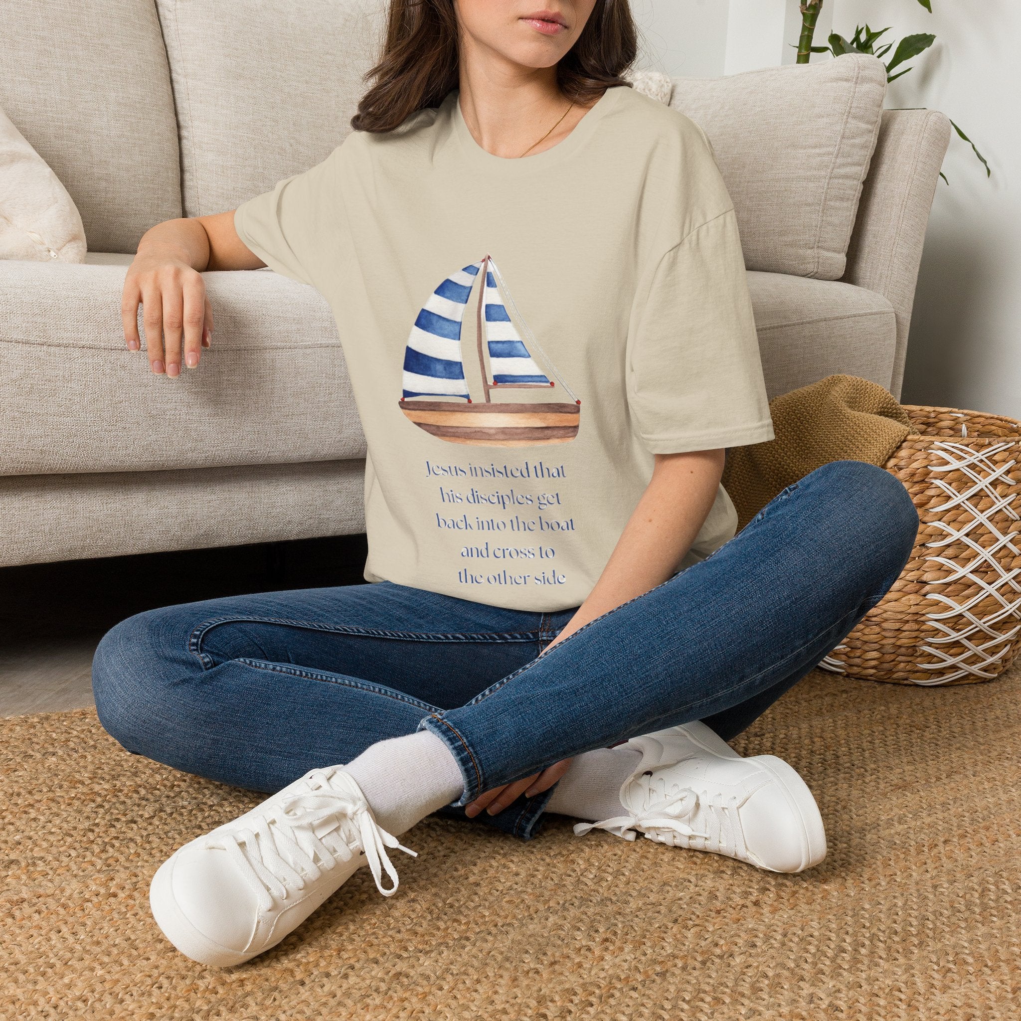 Sailboat Watercolor T-Shirt — Blue Striped Sail Graphic with Nautical Quote