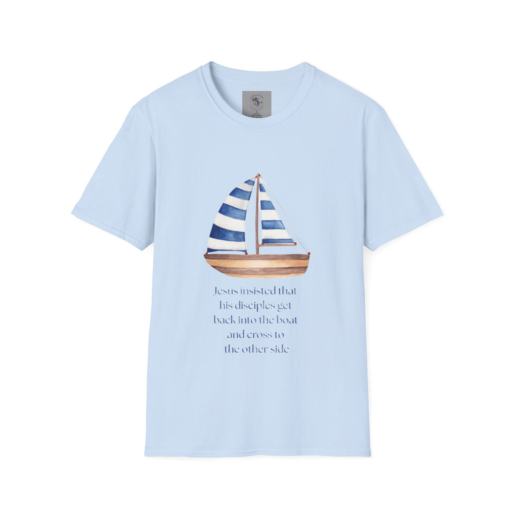 Sailboat Watercolor T-Shirt — Blue Striped Sail Graphic with Nautical Quote