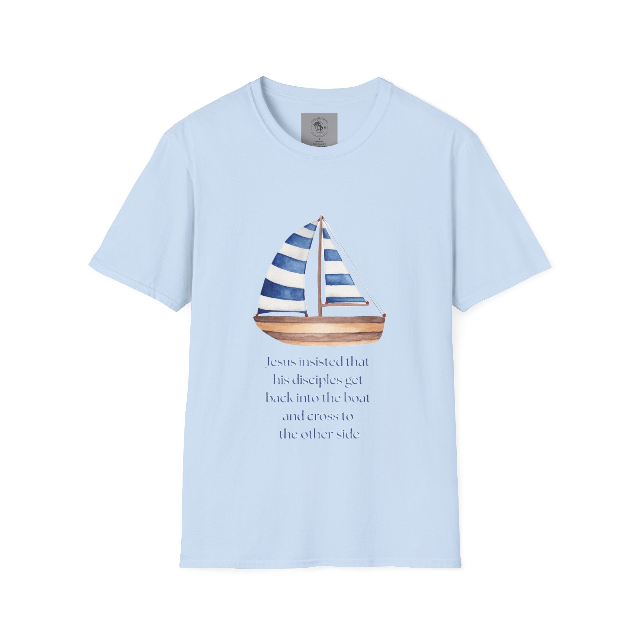 Sailboat Watercolor T-Shirt — Blue Striped Sail Graphic with Nautical Quote