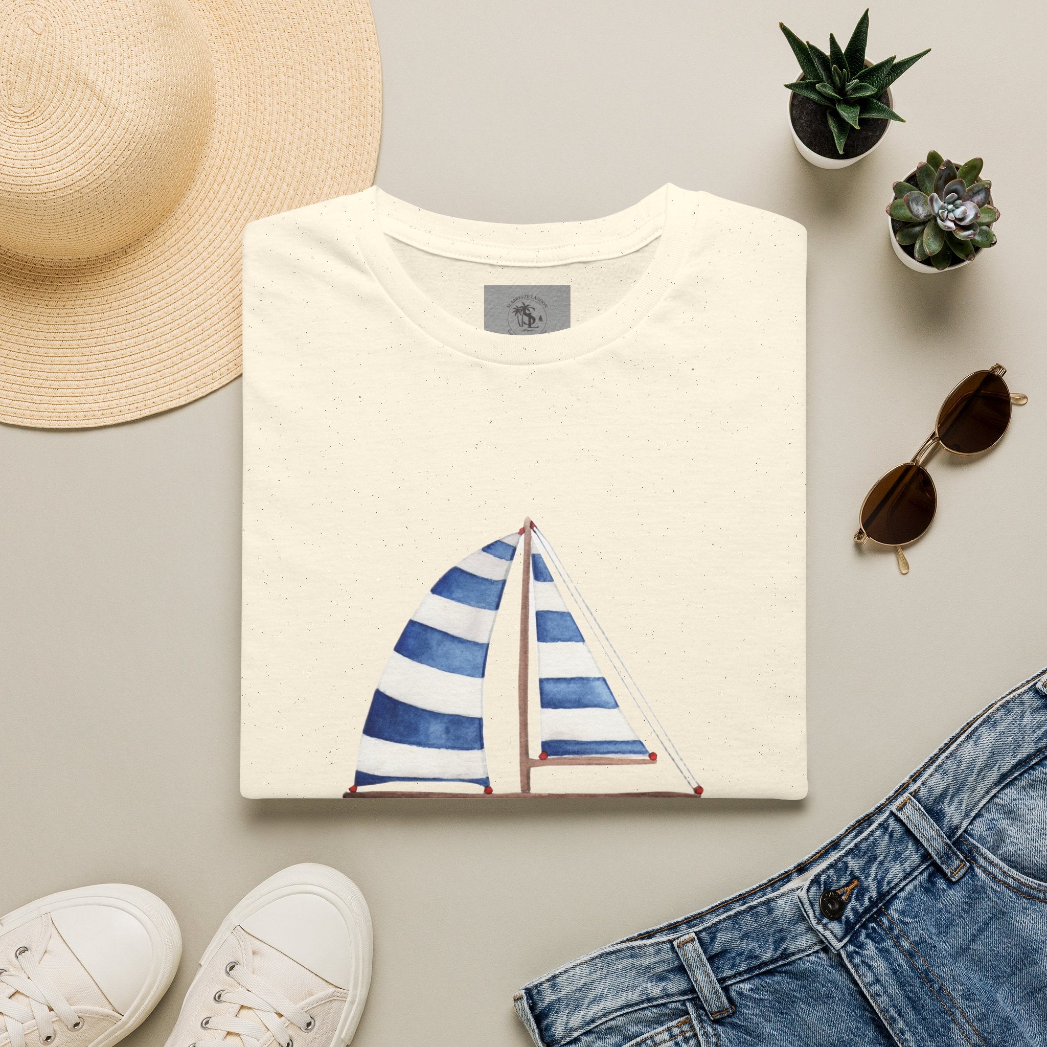 Sailboat Watercolor T-Shirt — Blue Striped Sail Graphic with Nautical Quote