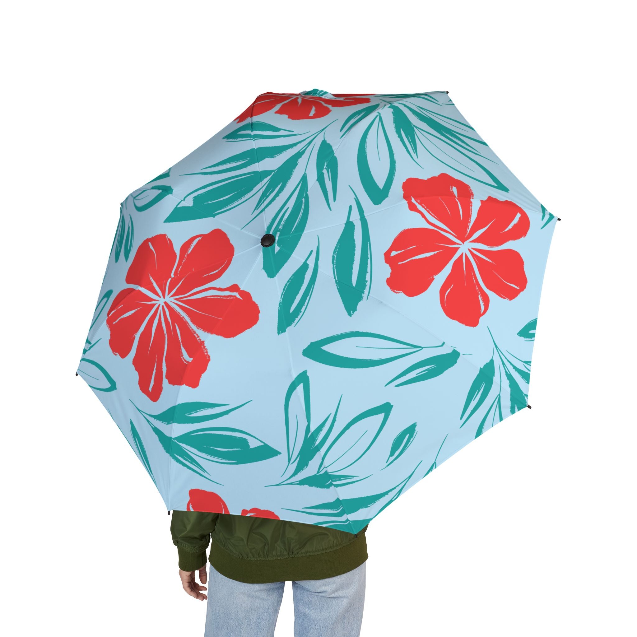 Tropical Floral Foldable Umbrella — Semi-Automatic Compact Rain Parasol