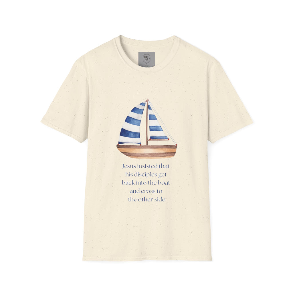 Sailboat Watercolor T-Shirt — Blue Striped Sail Graphic with Nautical Quote