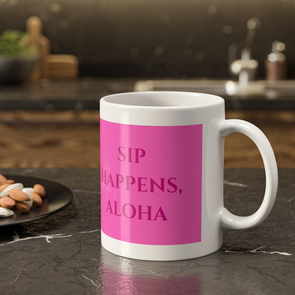 Hibiscus Pink Ceramic Mug — Happy Aloha Coffee Cup, Tropical Floral 11oz