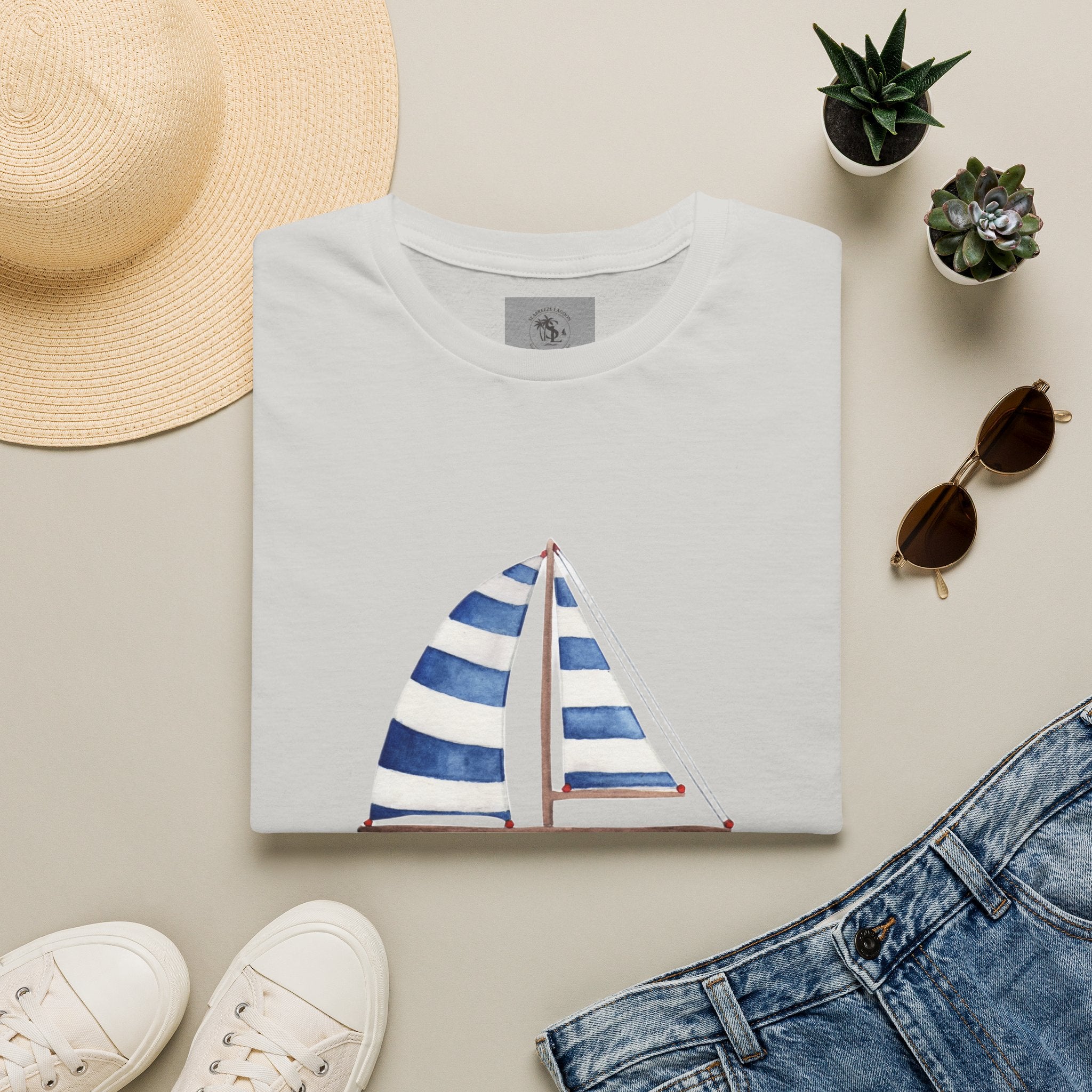 Sailboat Watercolor T-Shirt — Blue Striped Sail Graphic with Nautical Quote