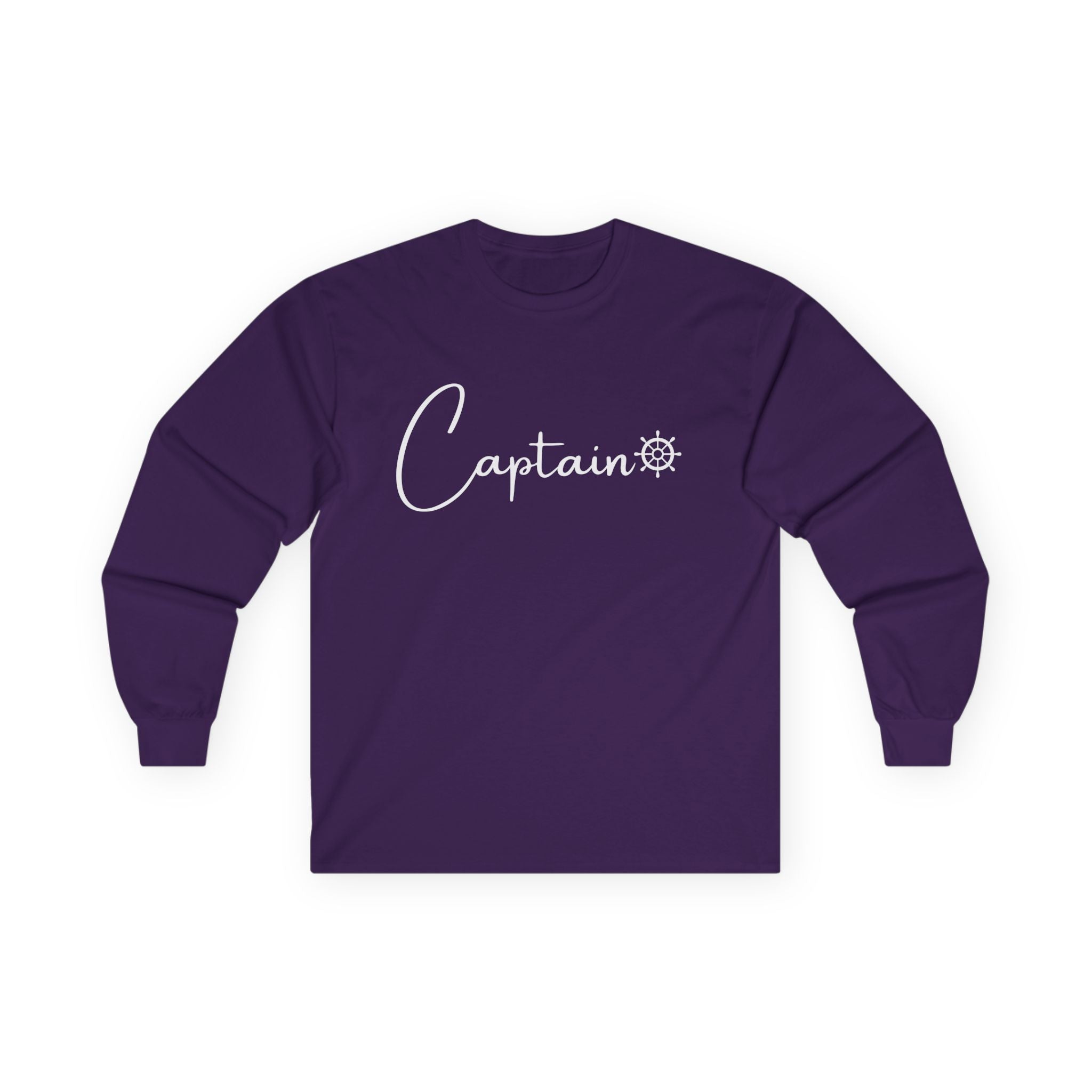 Captain Long Sleeve Tee — Nautical Crew Shirt with Ship Wheel Script