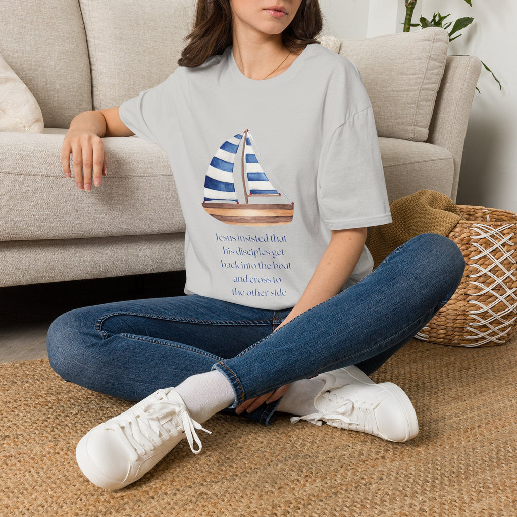 Sailboat Watercolor T-Shirt — Blue Striped Sail Graphic with Nautical Quote