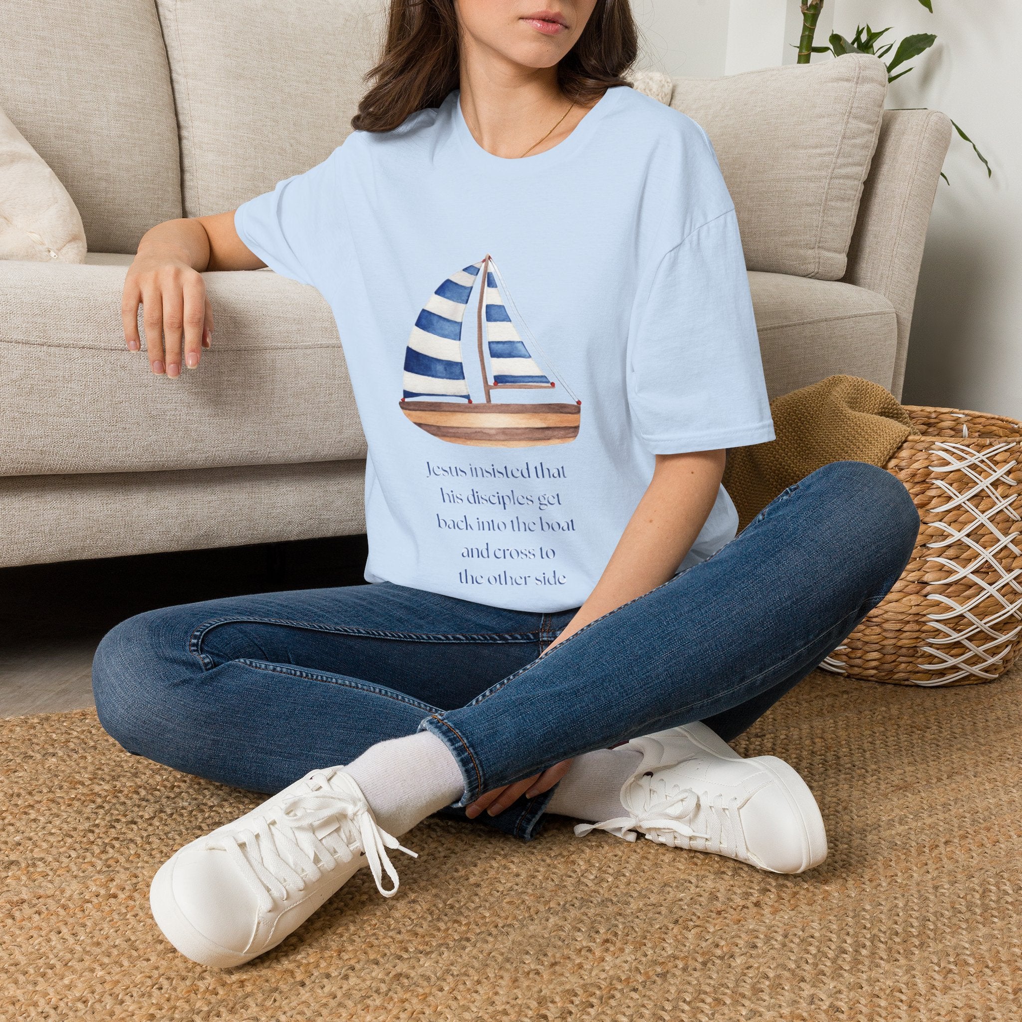 Sailboat Watercolor T-Shirt — Blue Striped Sail Graphic with Nautical Quote