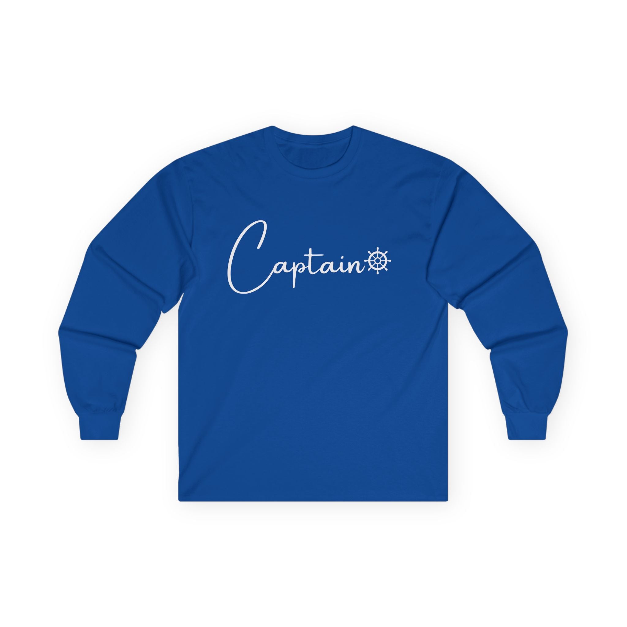 Captain Long Sleeve Tee — Nautical Crew Shirt with Ship Wheel Script