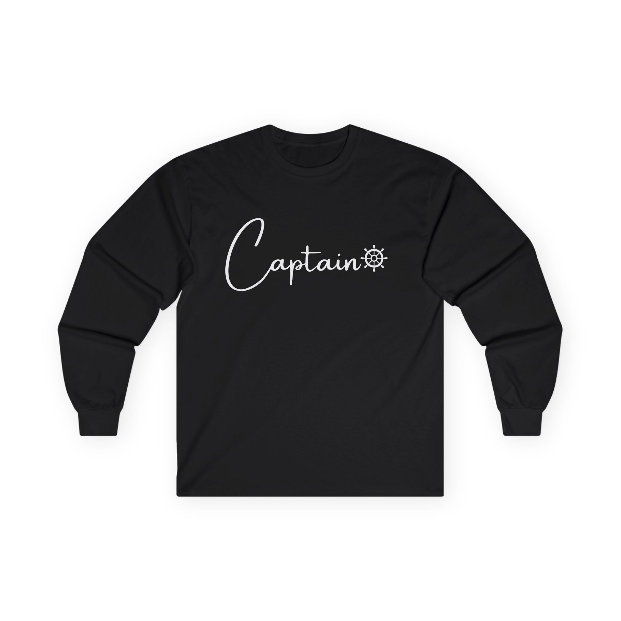Captain Long Sleeve Tee — Nautical Crew Shirt with Ship Wheel Script
