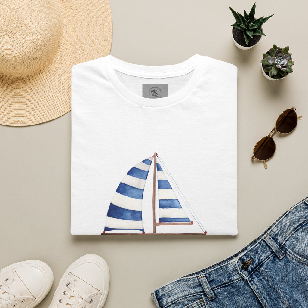 Sailboat Watercolor T-Shirt — Blue Striped Sail Graphic with Nautical Quote