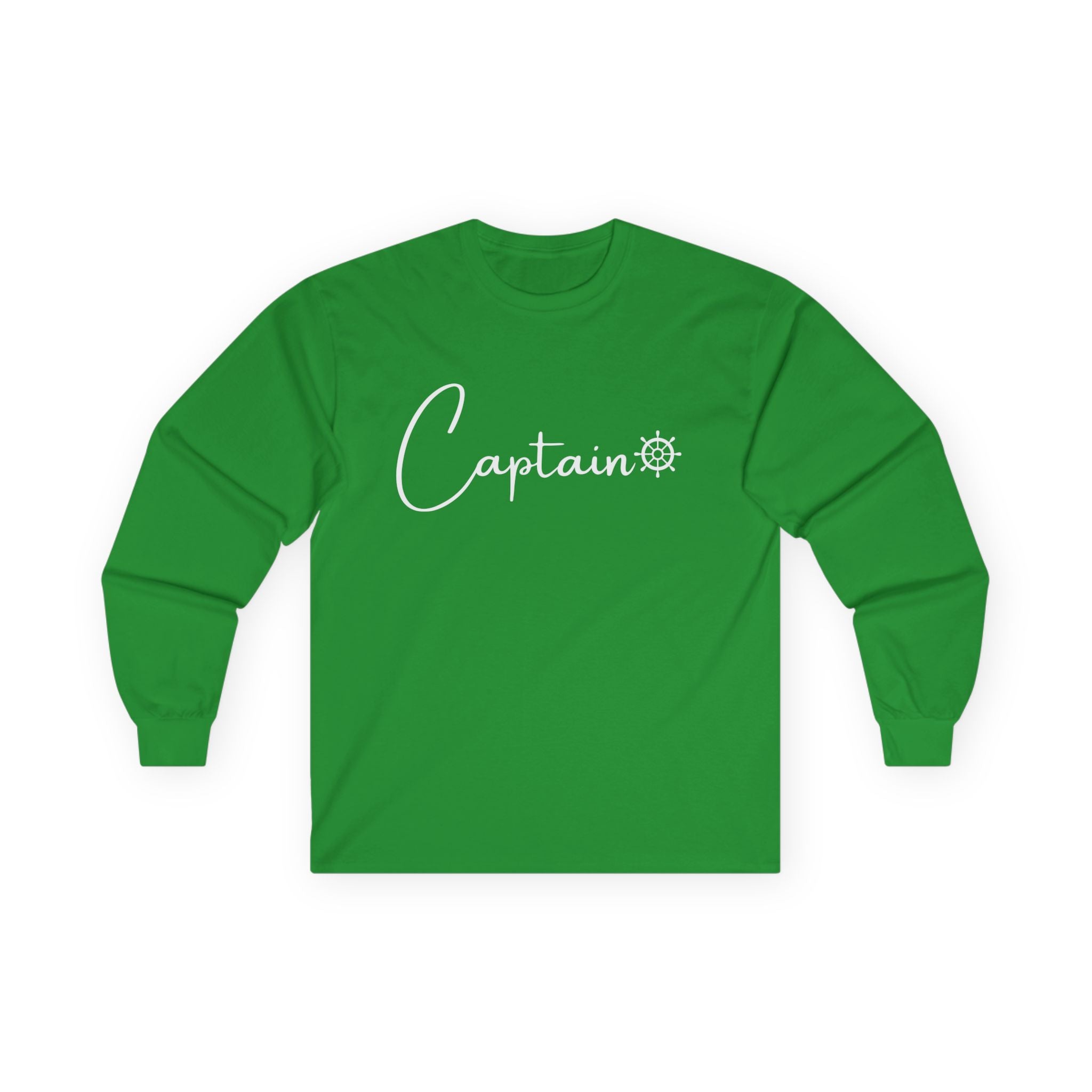 Captain Long Sleeve Tee — Nautical Crew Shirt with Ship Wheel Script