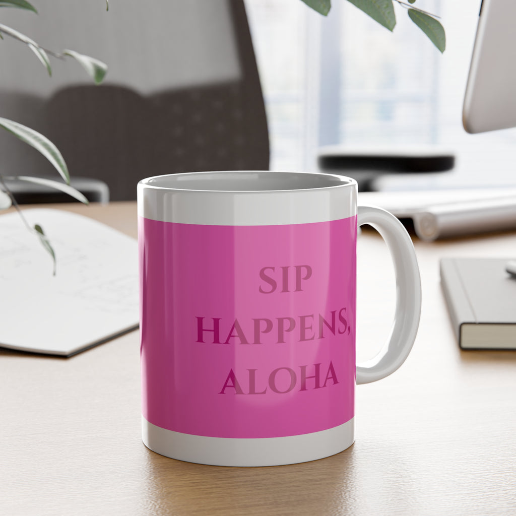 Hibiscus Pink Ceramic Mug — Happy Aloha Coffee Cup, Tropical Floral 11oz