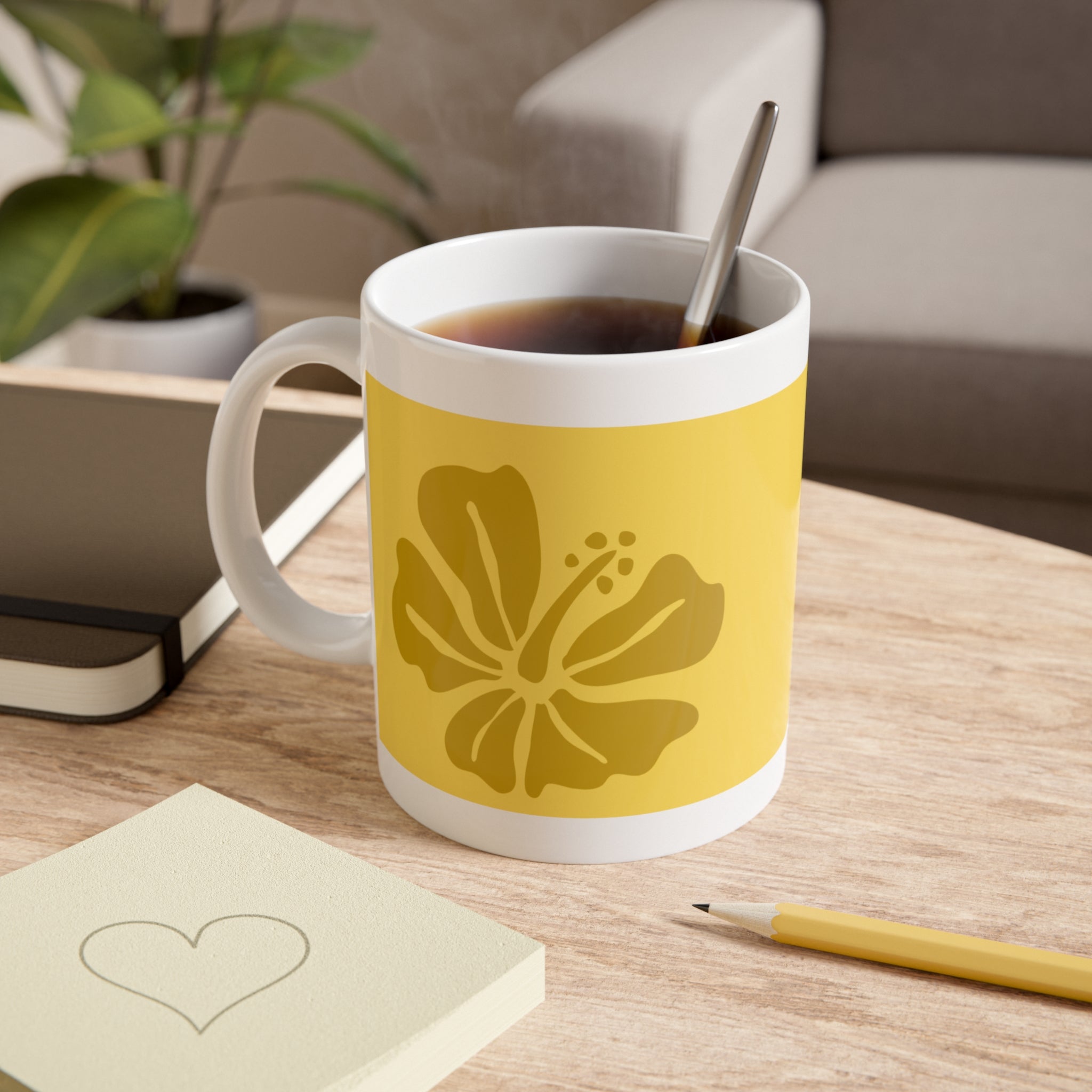 Tropical Hibiscus Ceramic Mug — Yellow Floral 11oz Coffee Cup