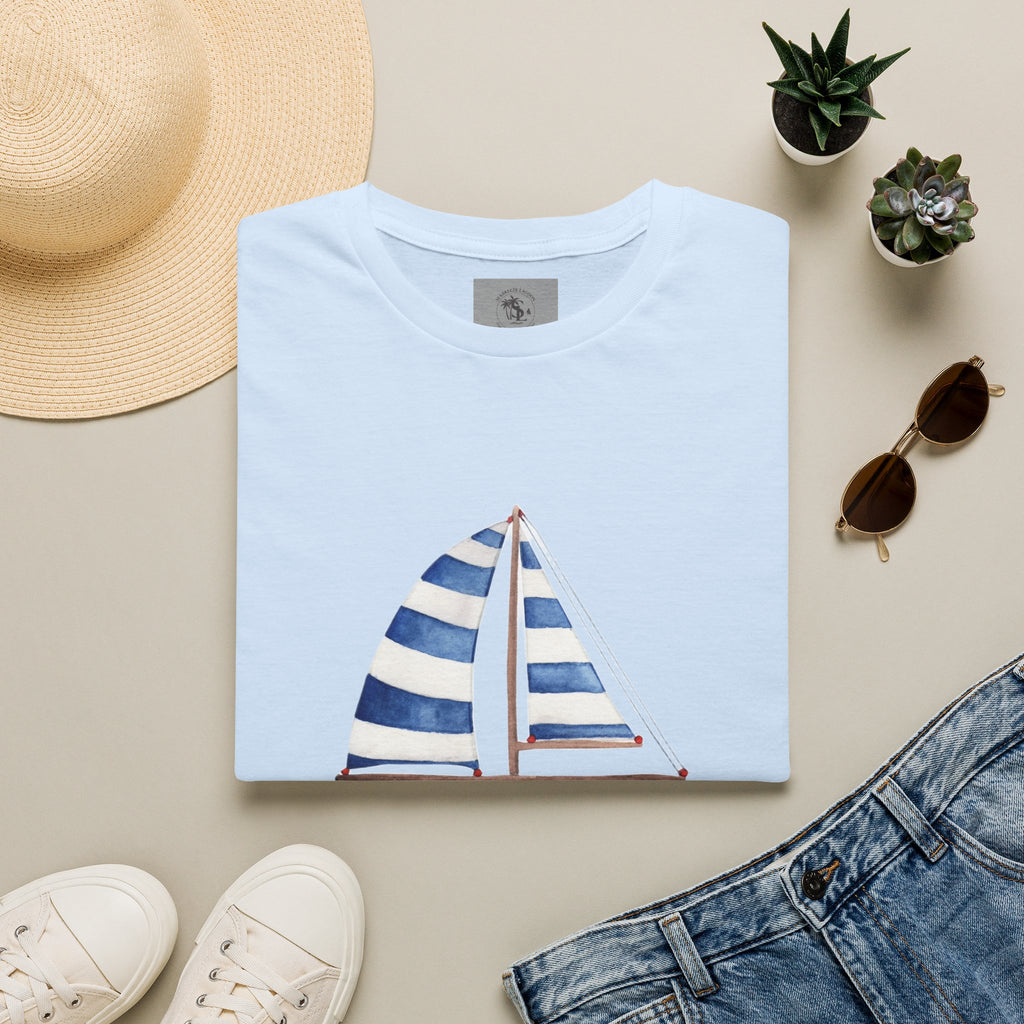 Sailboat Watercolor T-Shirt — Blue Striped Sail Graphic with Nautical Quote