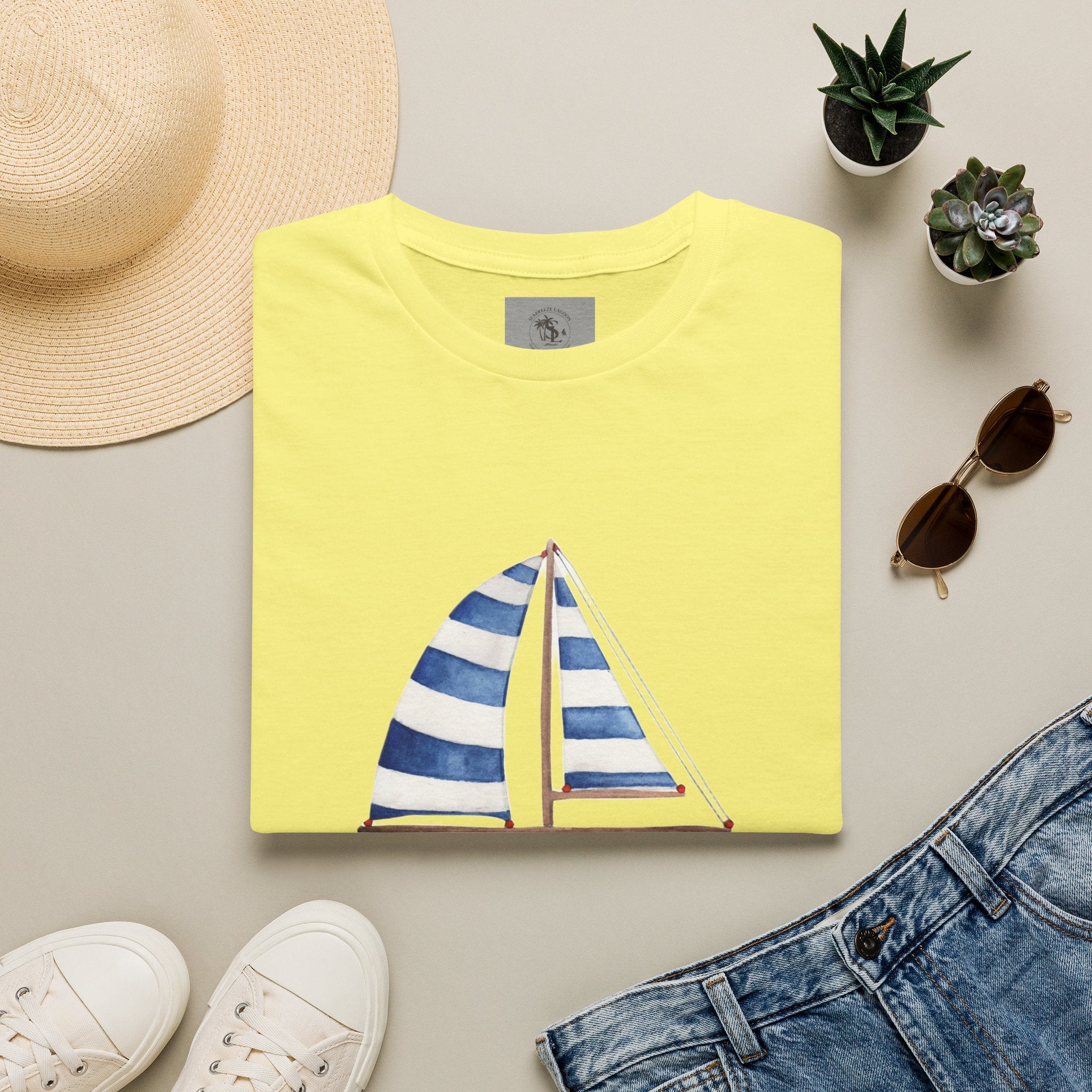 Sailboat Watercolor T-Shirt — Blue Striped Sail Graphic with Nautical Quote