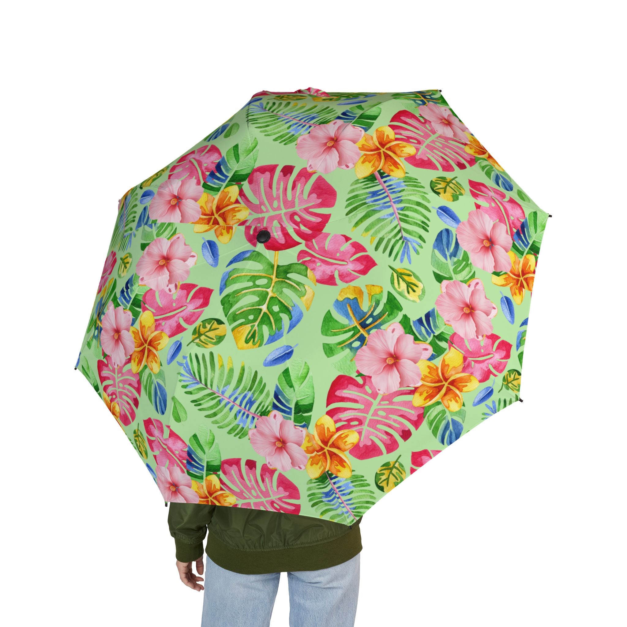 Tropical Floral Foldable Umbrella — Semi‑Automatic Compact Rain Parasol