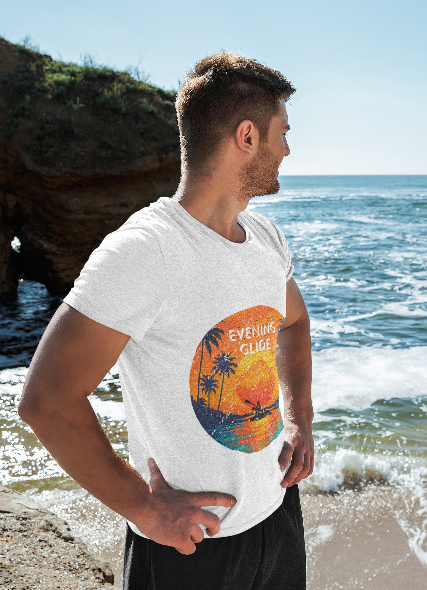 Sunset Vibes Unisex Heavy Cotton Tee, Evening Glide Shirt, Summer Apparel, Relaxed Fit T-Shirt, Beach Lover Gift, Tropical Graphic Tee
