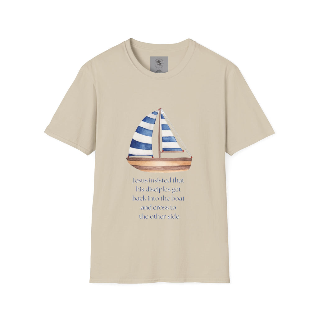 Sailboat Watercolor T-Shirt — Blue Striped Sail Graphic with Nautical Quote