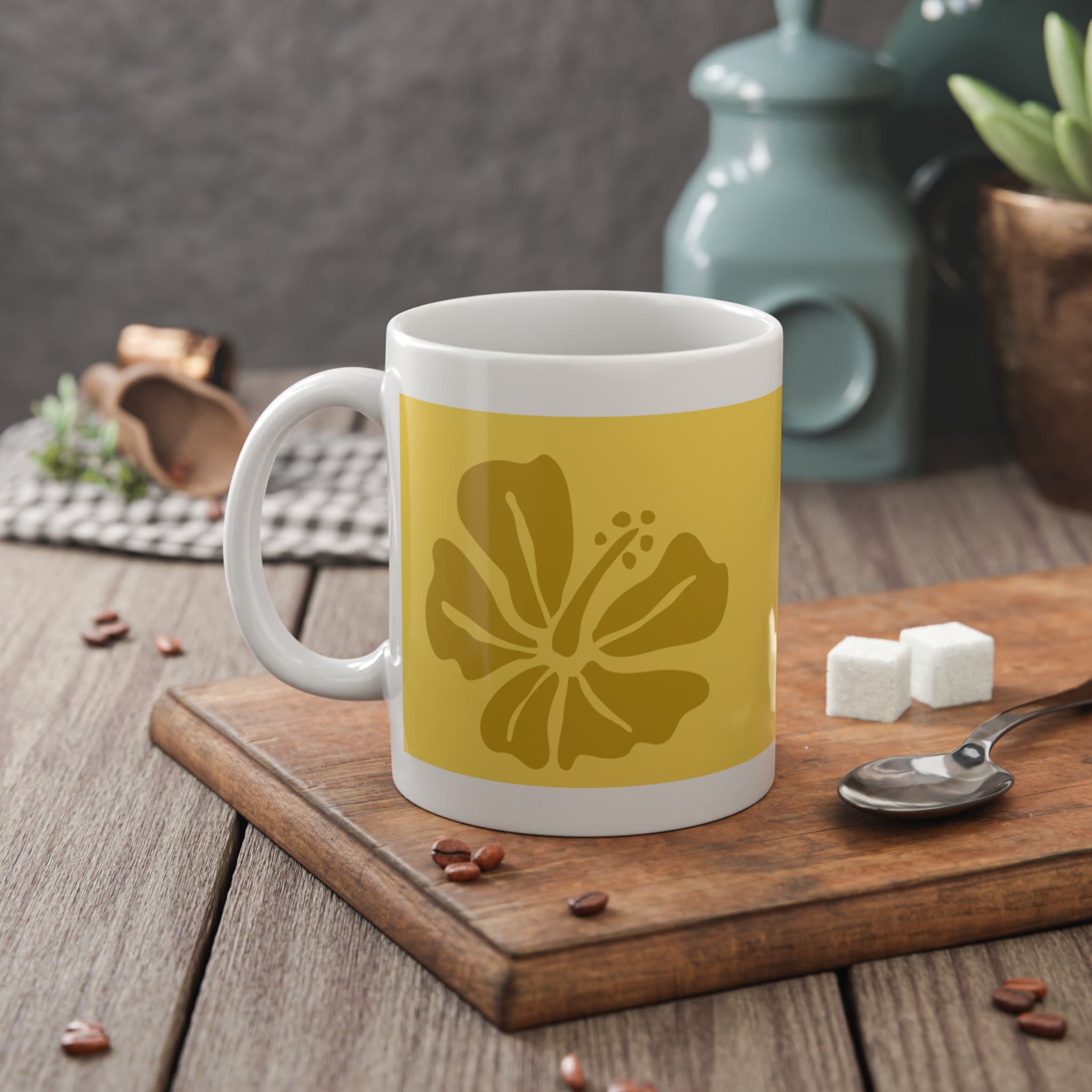 Tropical Hibiscus Ceramic Mug — Yellow Floral 11oz Coffee Cup