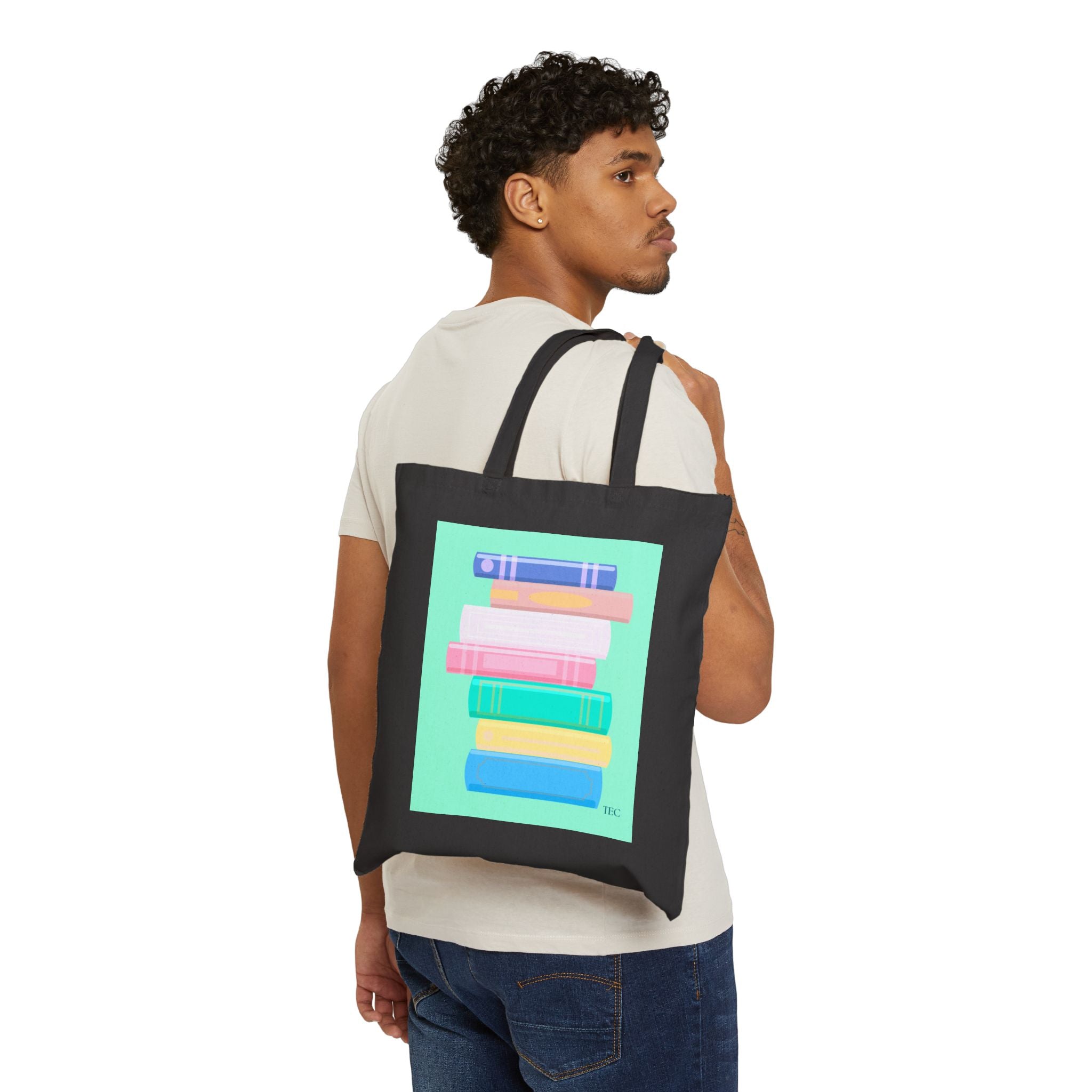 Book Stack Canvas Tote Bag — Colorful Pastel Library Bag for Readers