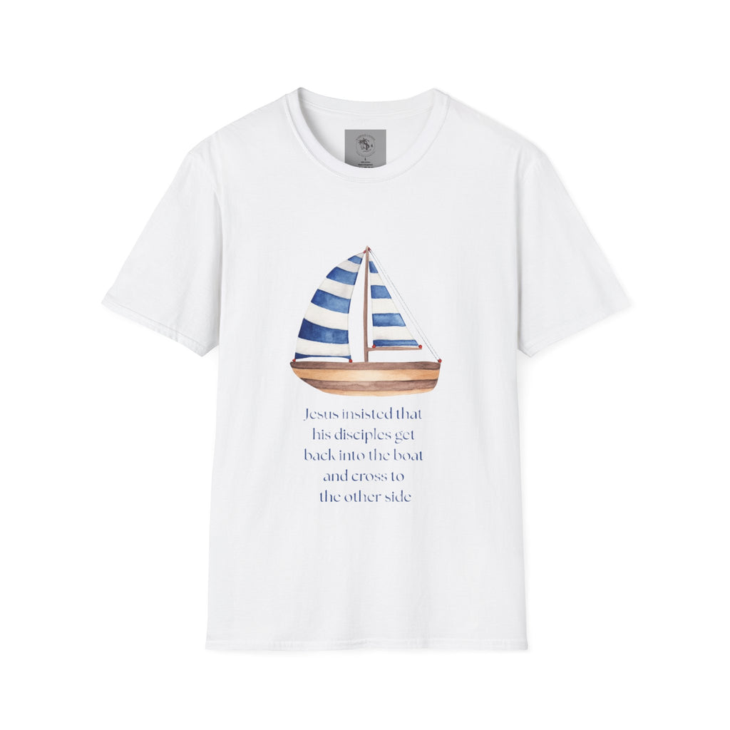 Sailboat Watercolor T-Shirt — Blue Striped Sail Graphic with Nautical Quote