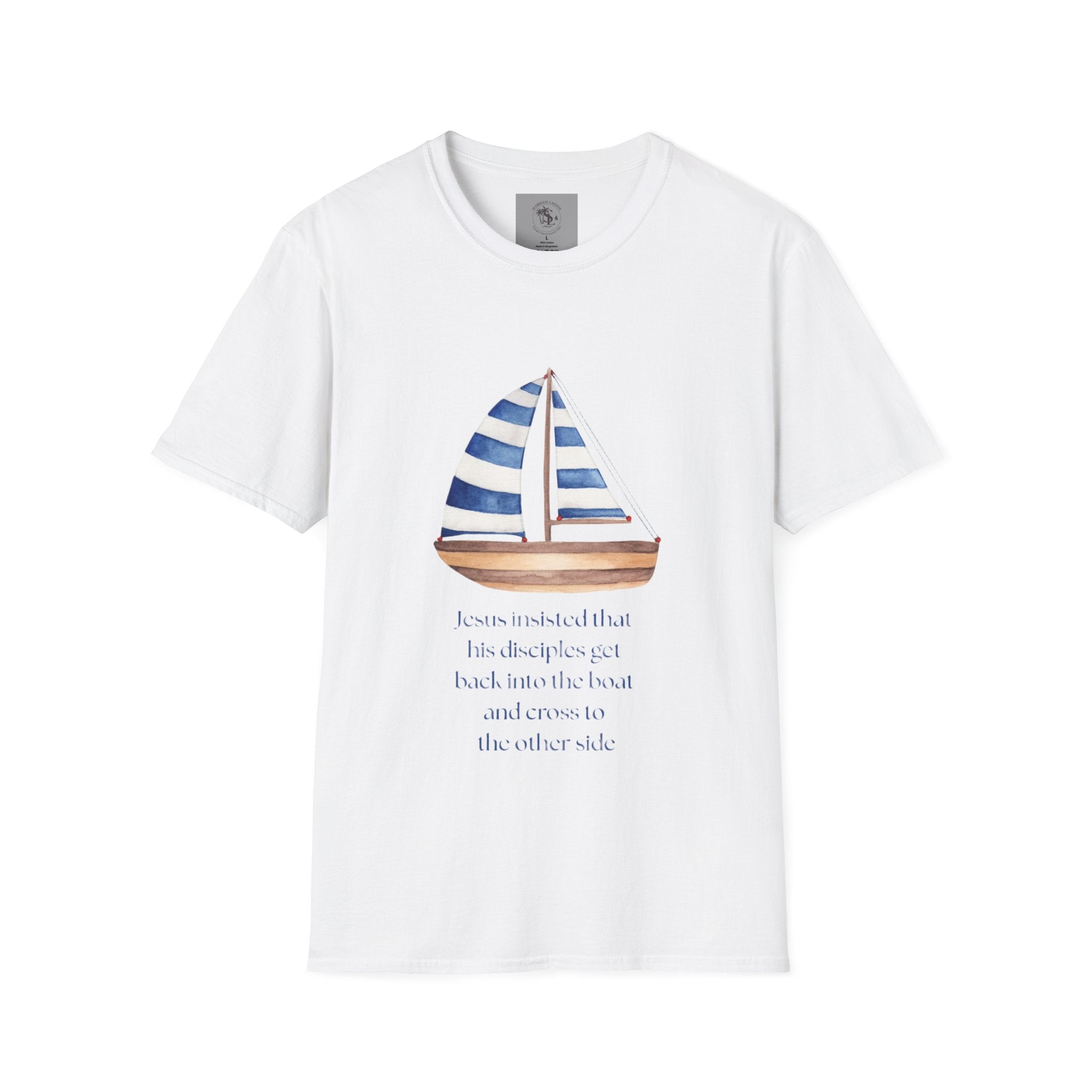 Sailboat Watercolor T-Shirt — Blue Striped Sail Graphic with Nautical Quote