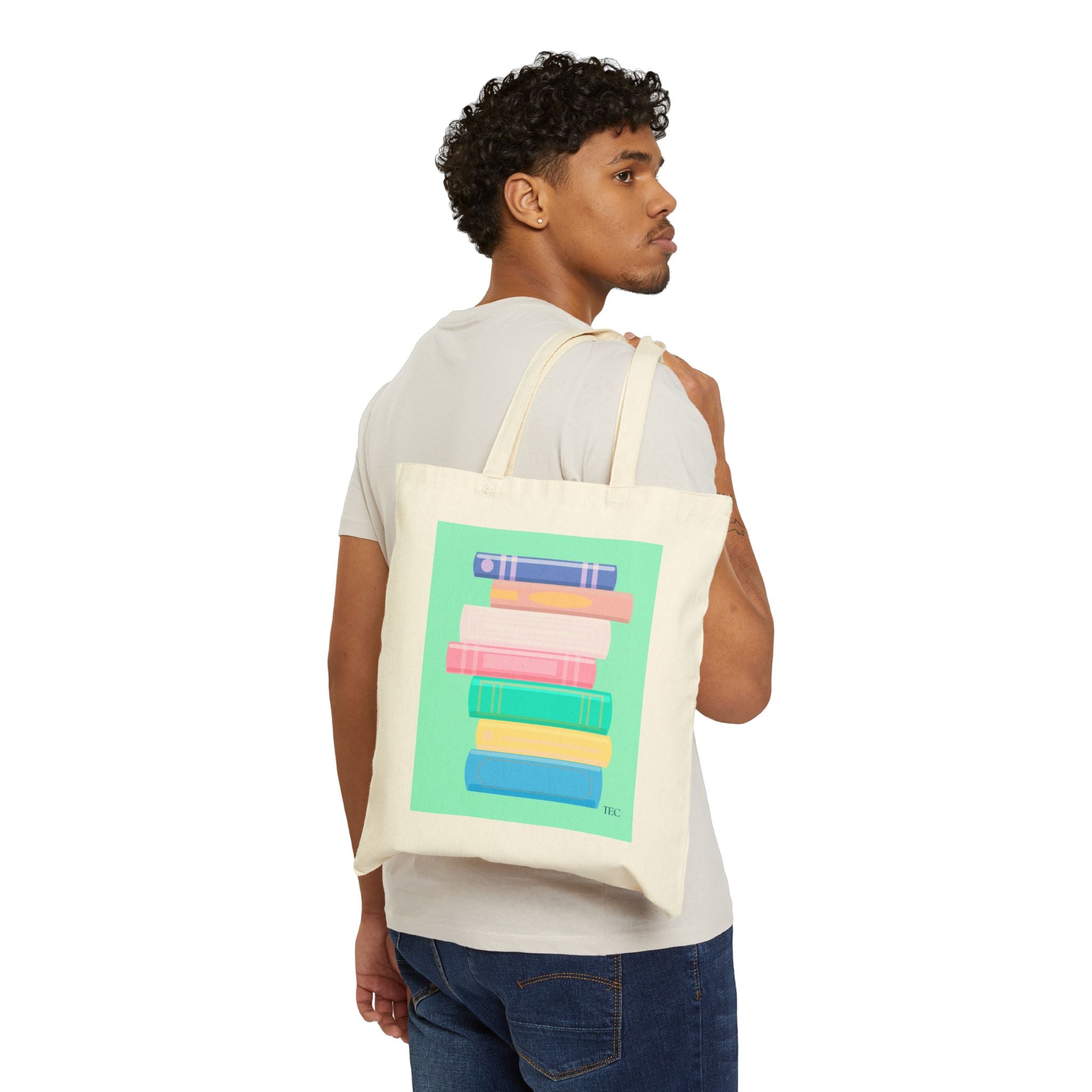 Book Stack Canvas Tote Bag — Colorful Pastel Library Bag for Readers