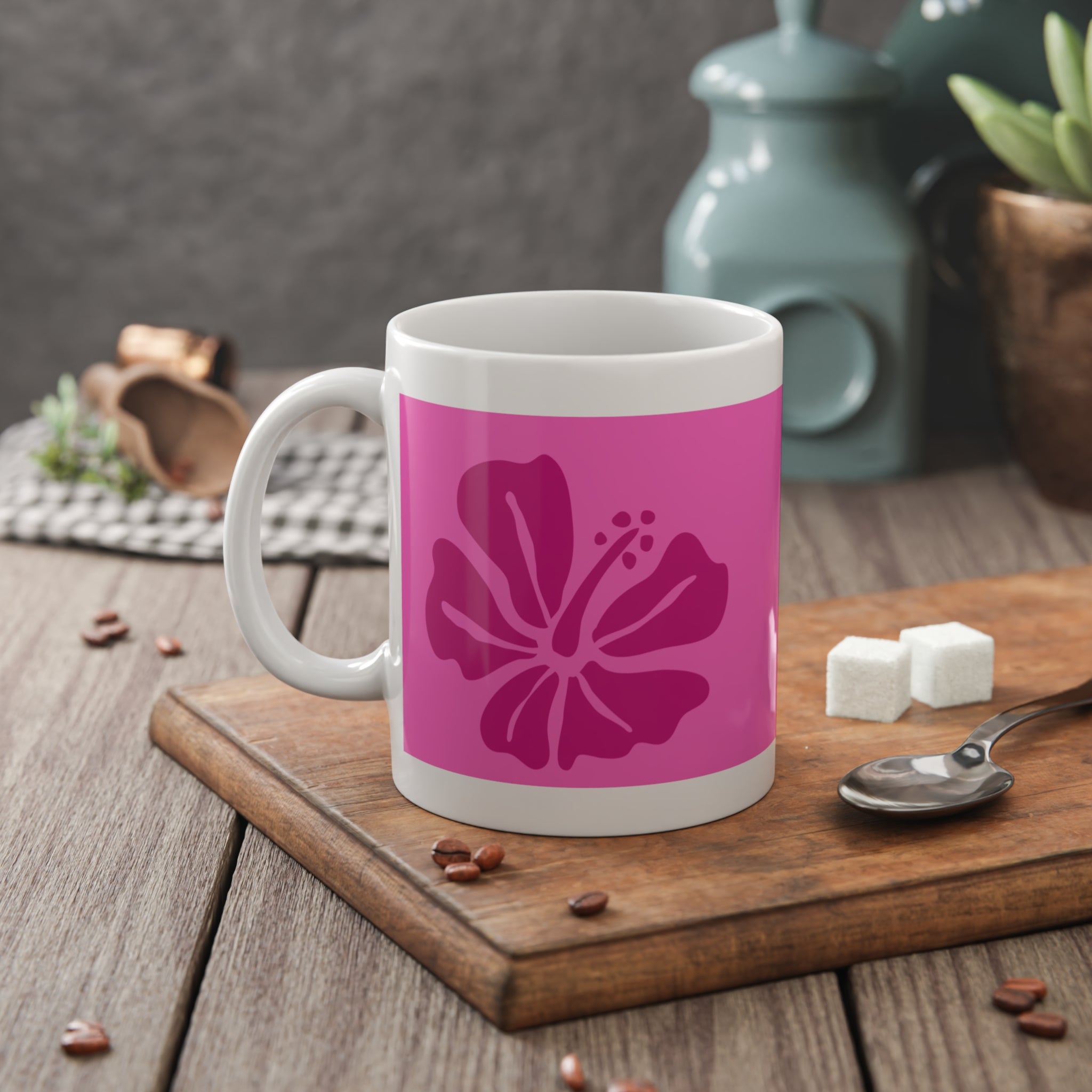 Hibiscus Pink Ceramic Mug — Happy Aloha Coffee Cup, Tropical Floral 11oz