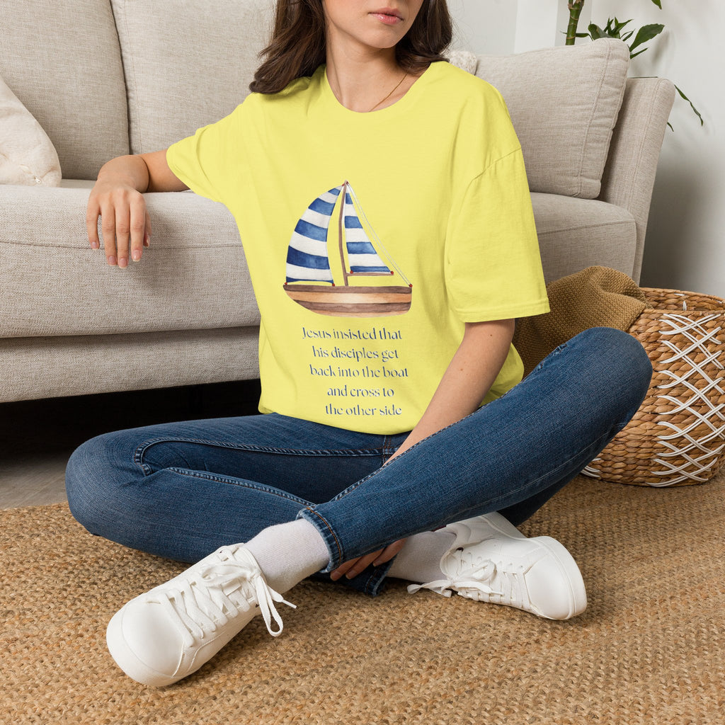 Sailboat Watercolor T-Shirt — Blue Striped Sail Graphic with Nautical Quote