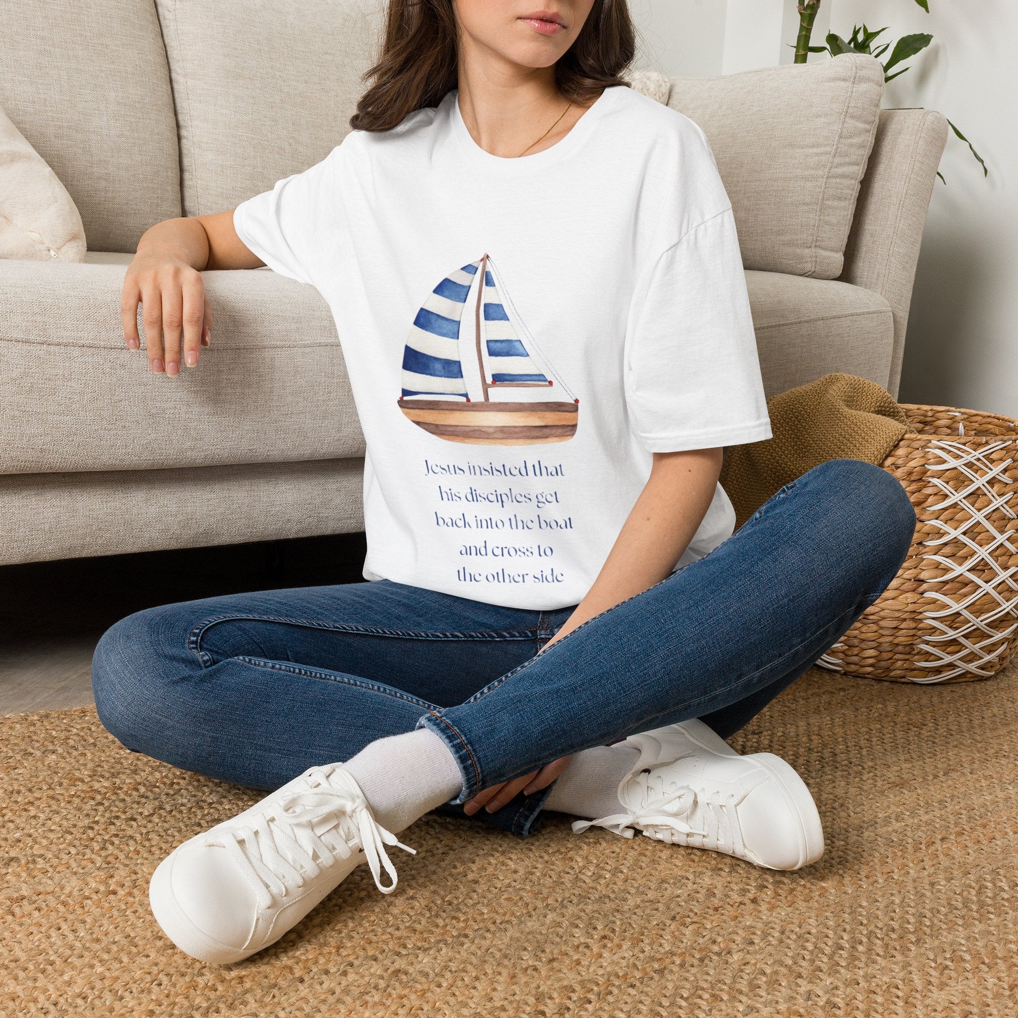 Sailboat Watercolor T-Shirt — Blue Striped Sail Graphic with Nautical Quote