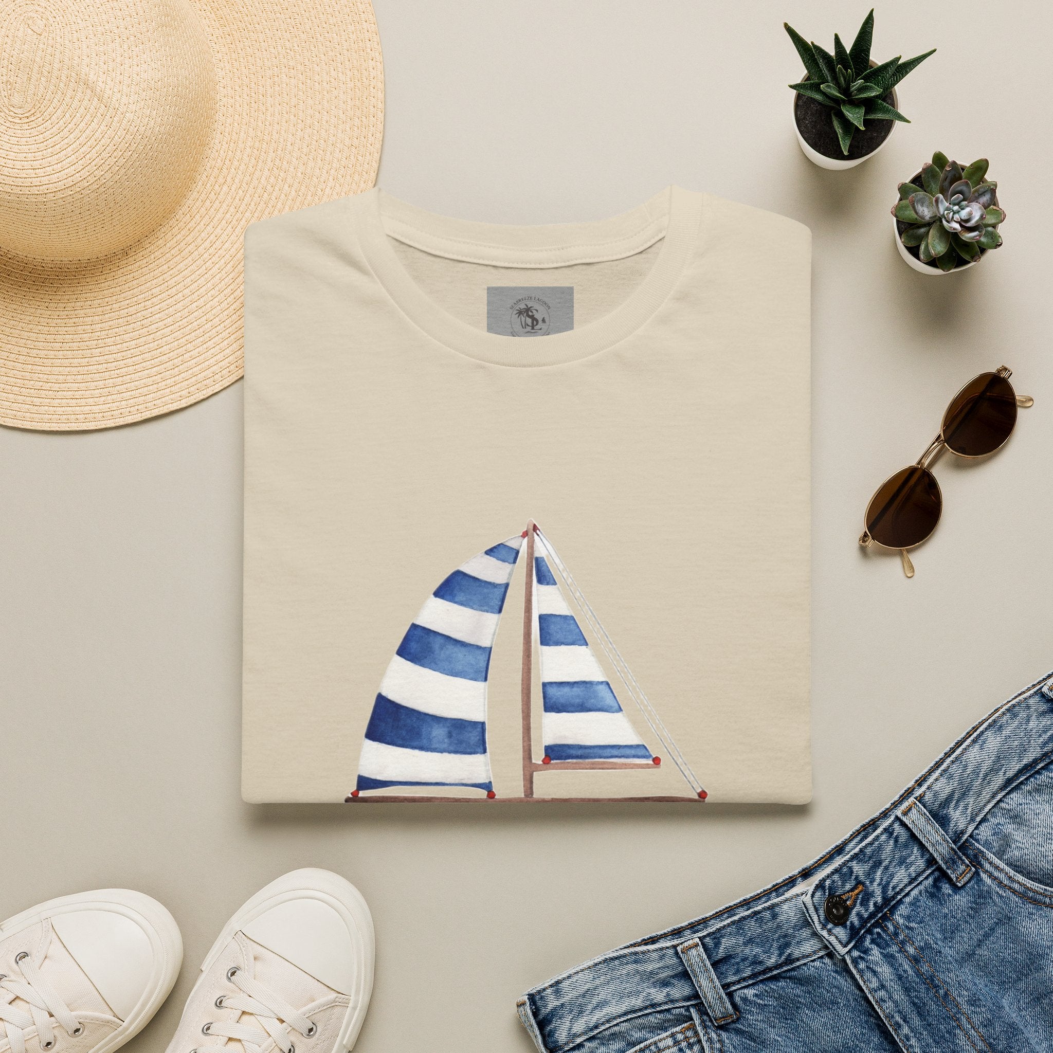 Sailboat Watercolor T-Shirt — Blue Striped Sail Graphic with Nautical Quote