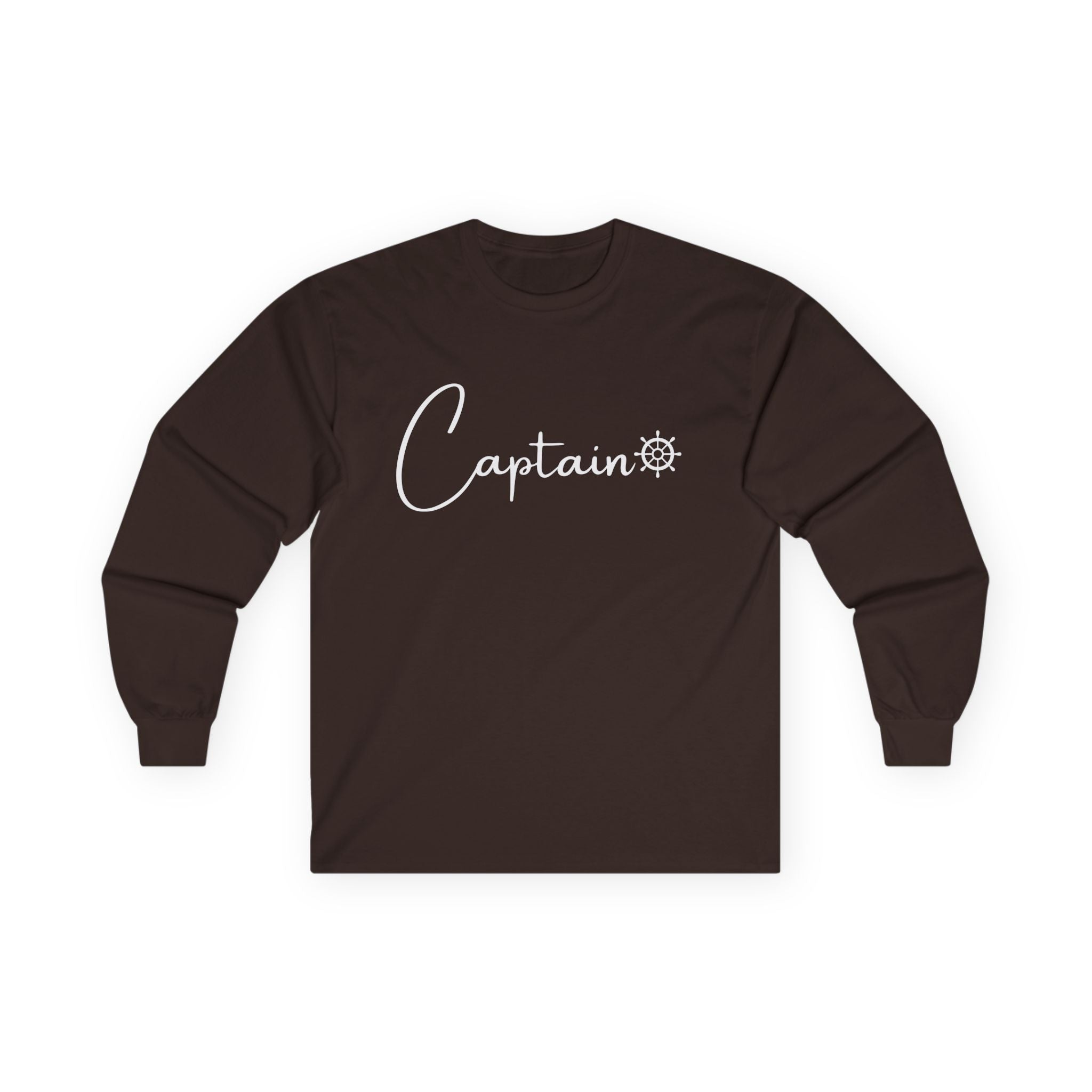 Captain Long Sleeve Tee — Nautical Crew Shirt with Ship Wheel Script