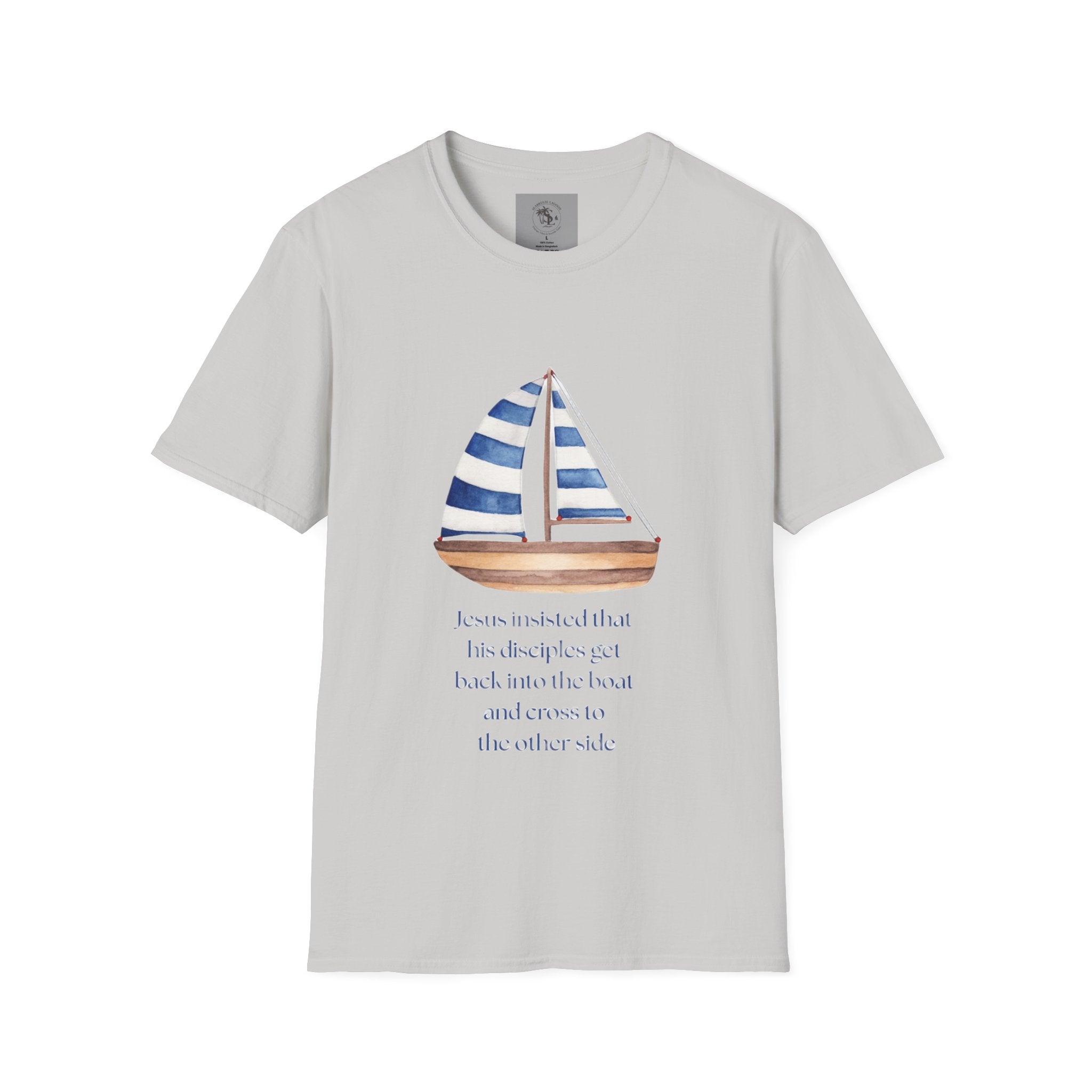 Sailboat Watercolor T-Shirt — Blue Striped Sail Graphic with Nautical Quote