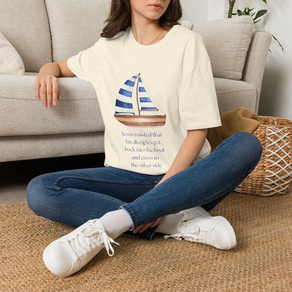 Sailboat Watercolor T-Shirt — Blue Striped Sail Graphic with Nautical Quote