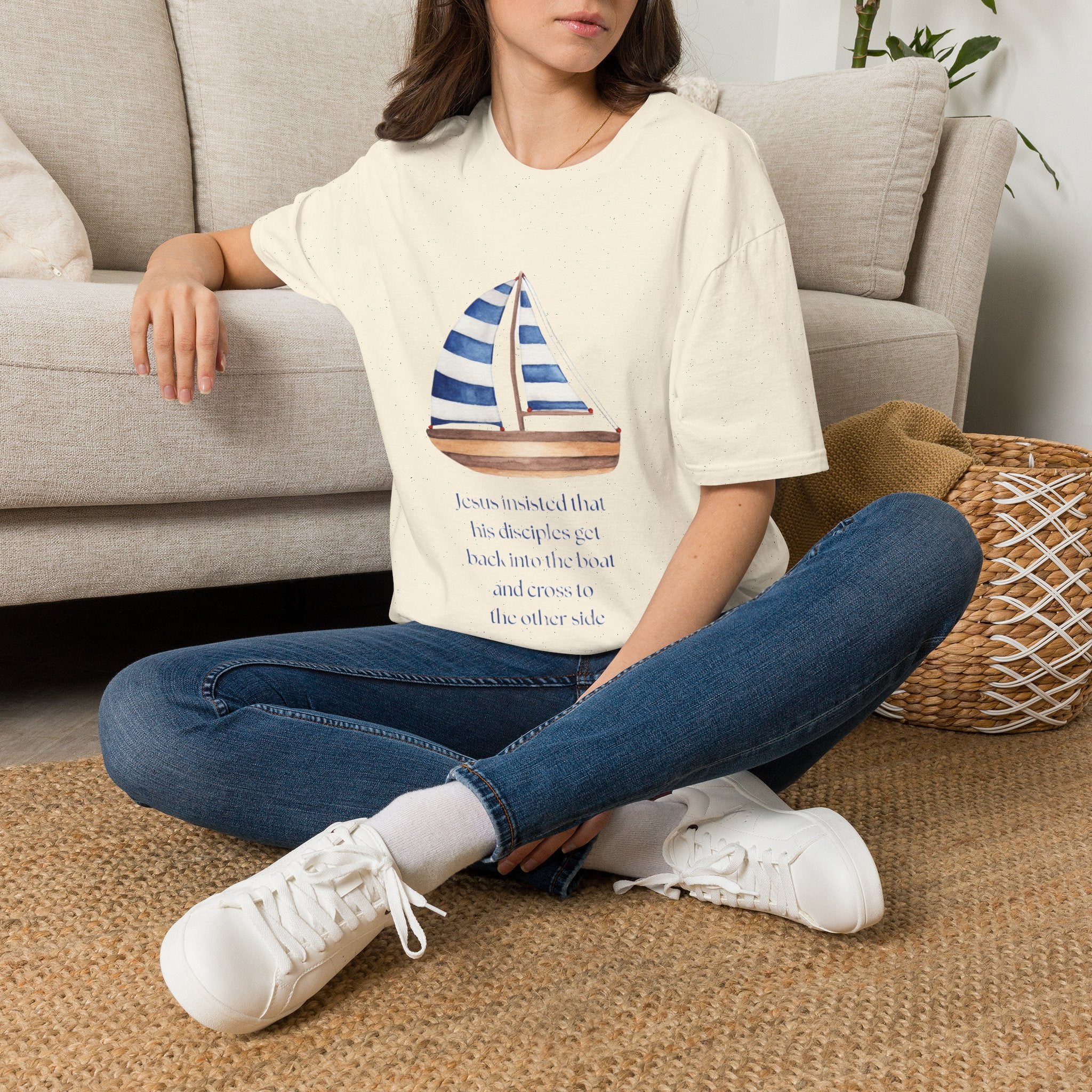 Sailboat Watercolor T-Shirt — Blue Striped Sail Graphic with Nautical Quote