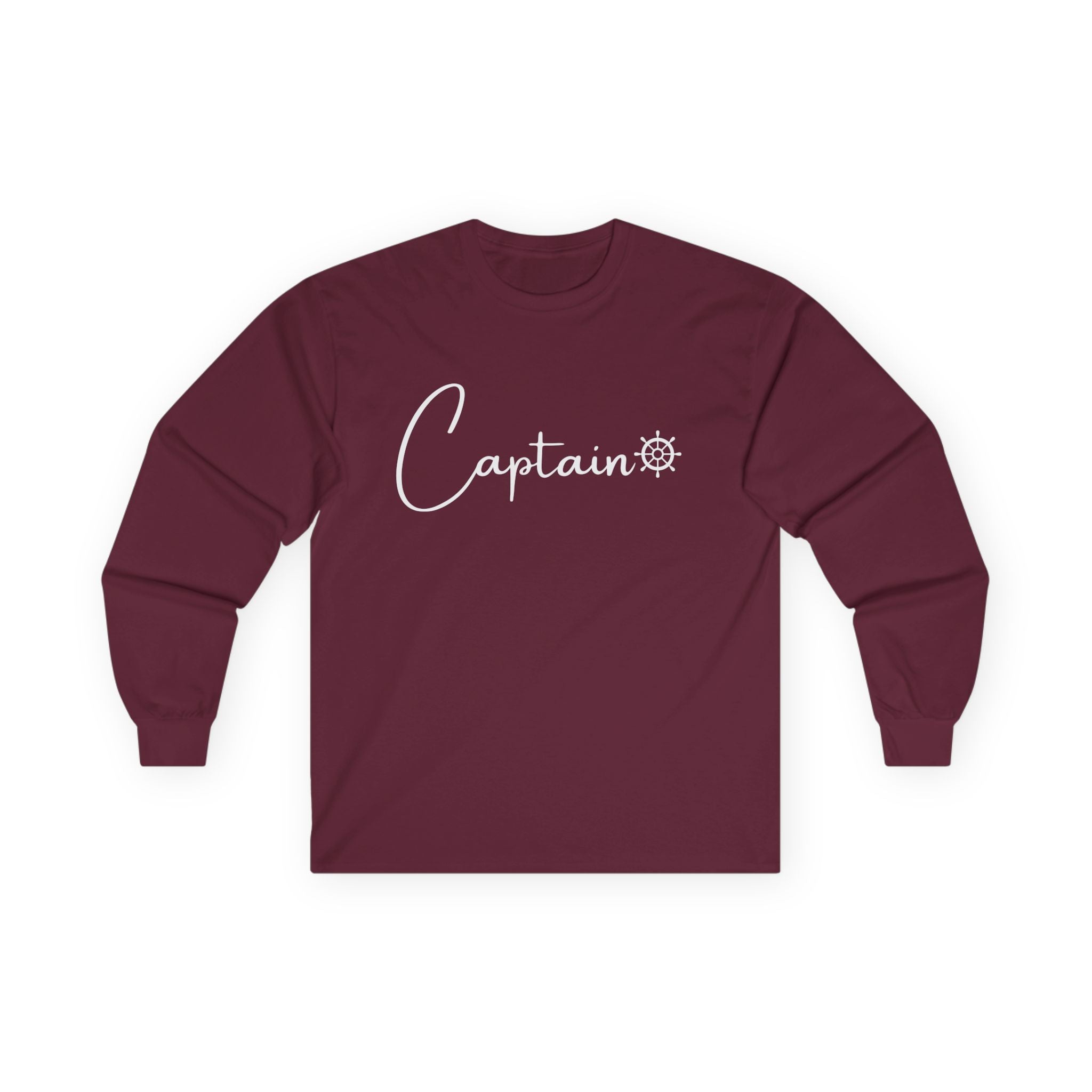 Captain Long Sleeve Tee — Nautical Crew Shirt with Ship Wheel Script
