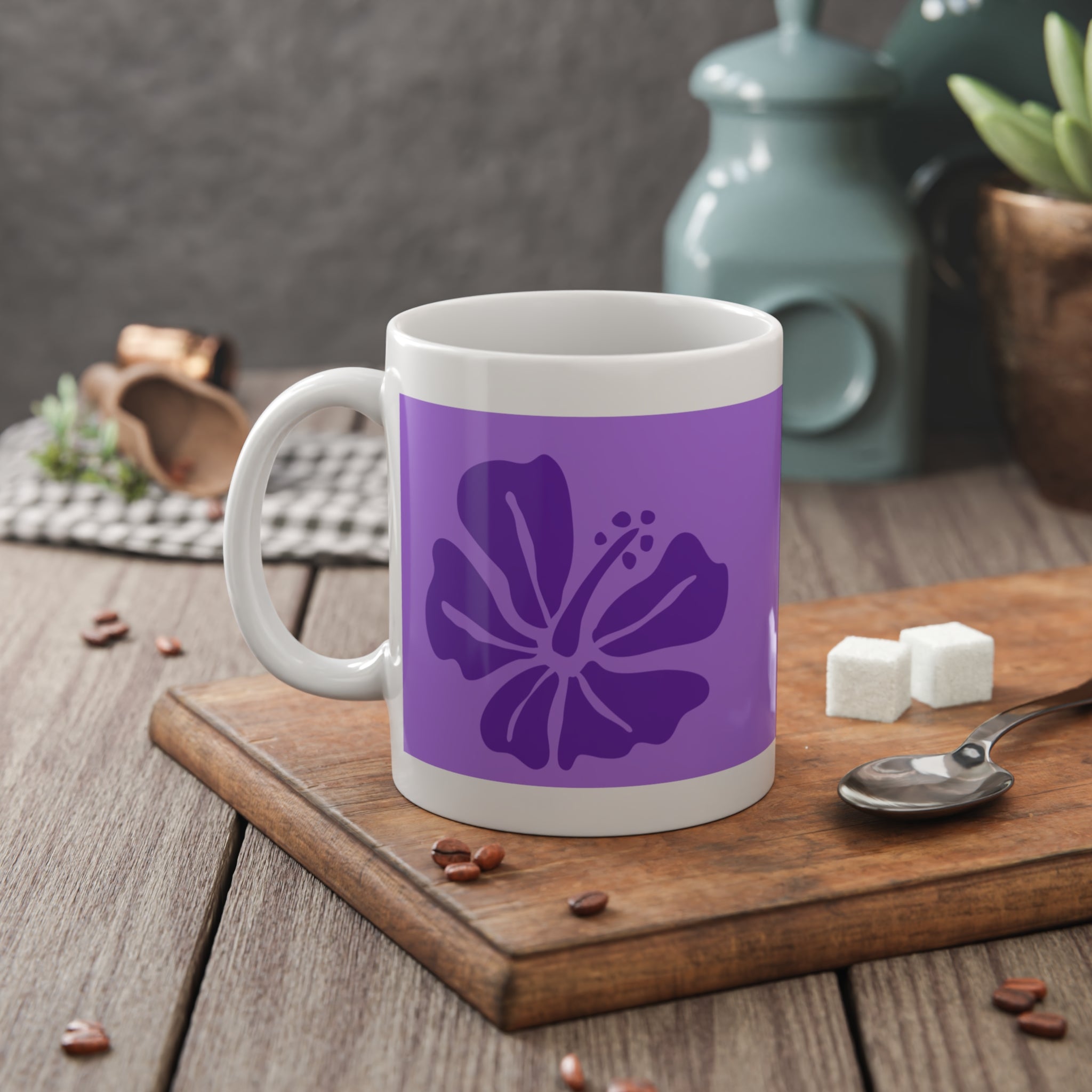 Tropical Aloha Ceramic Mug — Purple Hibiscus Coffee Cup